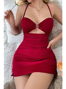 Kadın Bordo Drapeli Dekolteli Taş Halka Detaylı Şık Mini Gecelik