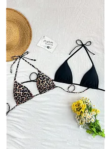 Kadın Leopar Desenli Ve Siyah Minimal Kesim Üçgen Bikini Üstü