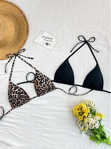 Kadın Leopar Desenli Ve Siyah Minimal Kesim Üçgen Bikini Üstü
