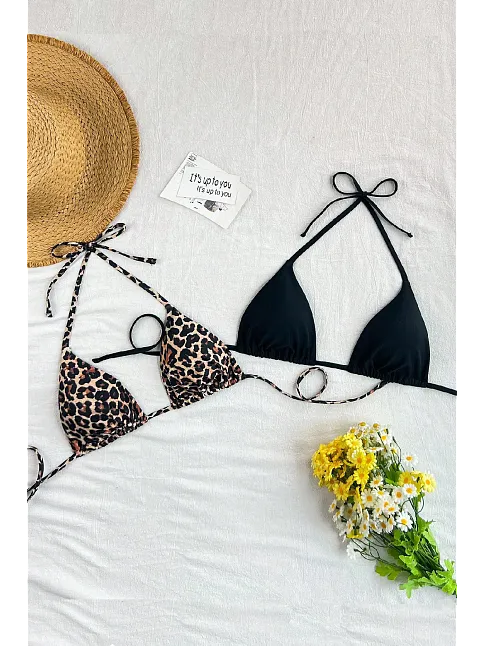 Kadın Leopar Desenli Ve Siyah Minimal Kesim Üçgen Bikini Üstü