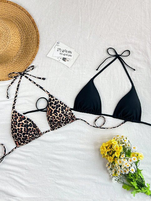 Kadın Leopar Desenli Ve Siyah Minimal Kesim Üçgen Bikini Üstü