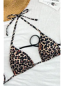 Kadın Leopar Desenli Ve Siyah Minimal Kesim Üçgen Bikini Üstü