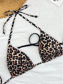 Kadın Leopar Desenli Ve Siyah Minimal Kesim Üçgen Bikini Üstü