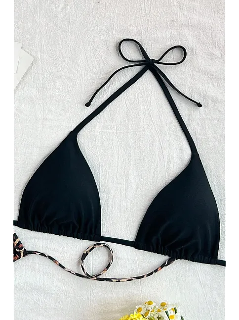 Kadın Leopar Desenli Ve Siyah Minimal Kesim Üçgen Bikini Üstü