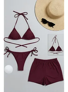 Kadın 3'lü Set Bordo Şortlu Ve Yandan Bağlamalı Bikini Mayo Takımı