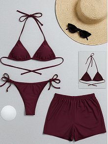 Kadın 3'lü Set Bordo Şortlu Ve Yandan Bağlamalı Bikini Mayo Takımı