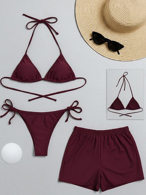 Kadın 3'lü Set Bordo Şortlu Ve Yandan Bağlamalı Bikini Mayo Takımı