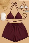 Kadın 3'lü Set Bordo Şortlu Ve Yandan Bağlamalı Bikini Mayo Takımı