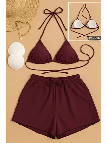 Kadın 3'lü Set Bordo Şortlu Ve Yandan Bağlamalı Bikini Mayo Takımı