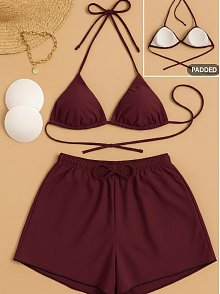 Kadın 3'lü Set Bordo Şortlu Ve Yandan Bağlamalı Bikini Mayo Takımı