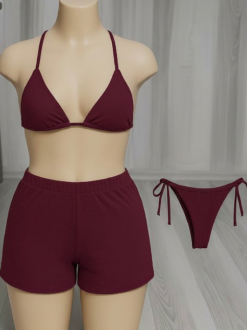 Kadın 3'lü Set Bordo Şortlu Ve Yandan Bağlamalı Bikini Mayo Takımı