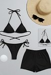 Kadın 3'lü Set Siyah Şortlu Ve Yandan Bağlamalı Bikini Mayo Takımı