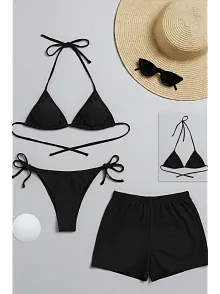 Kadın 3'lü Set Siyah Şortlu Ve Yandan Bağlamalı Bikini Mayo Takımı