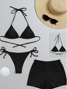 Kadın 3'lü Set Siyah Şortlu Ve Yandan Bağlamalı Bikini Mayo Takımı