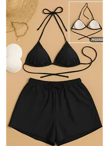 Kadın 3'lü Set Siyah Şortlu Ve Yandan Bağlamalı Bikini Mayo Takımı