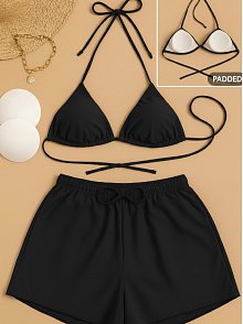 Kadın 3'lü Set Siyah Şortlu Ve Yandan Bağlamalı Bikini Mayo Takımı