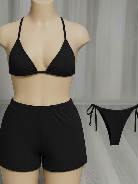 Kadın 3'lü Set Siyah Şortlu Ve Yandan Bağlamalı Bikini Mayo Takımı