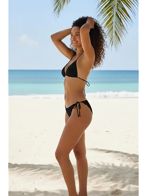 Kadın Siyah Pedli Bel Ve Boyundan Bağlamalı Dantelli Şık Bikini Takımı