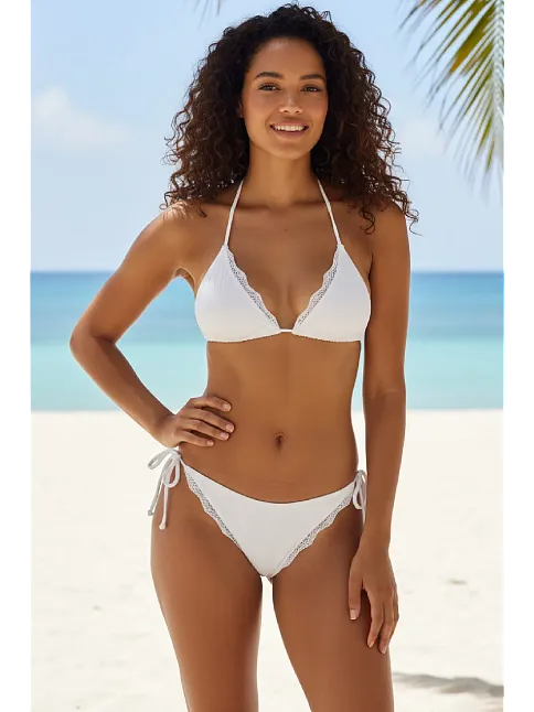 Kadın Beyaz Pedli Bel Ve Boyundan Bağlamalı Dantelli Şık Bikini Takımı