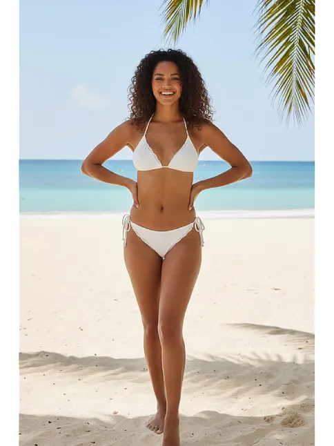 Kadın Beyaz Pedli Bel Ve Boyundan Bağlamalı Dantelli Şık Bikini Takımı