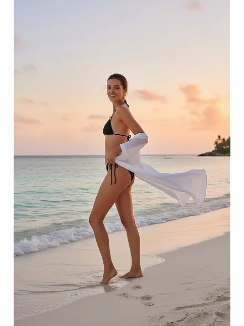 Kadın Siyah Pedli Fiyonklu Bağlamalı Bikini Takımı