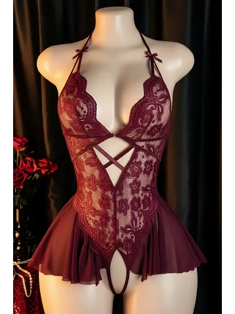 Kadın Bordo Dantel Ve Tül Detaylı Derin V Yaka Teddy Gecelik
