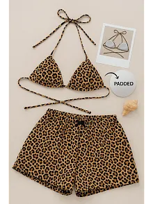 Kadın Leopar Desenli Şortlu Belden Ve Boyundan Bağlamalı Bikini Takımı