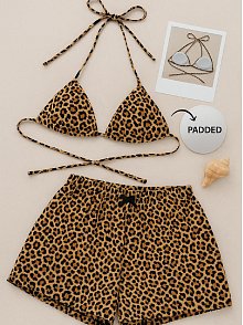 Kadın Leopar Desenli Şortlu Belden Ve Boyundan Bağlamalı Bikini Takımı