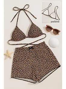 Kadın Leopar Desenli Şortlu Belden Ve Boyundan Bağlamalı Bikini Takımı