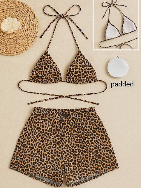 Kadın Leopar Desenli Şortlu Belden Ve Boyundan Bağlamalı Bikini Takımı