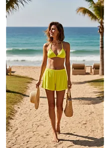 Kadın Fosforlu Şortlu Belden Ve Boyundan Bağlamalı Bikini Takımı