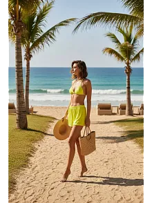 Kadın Fosforlu Şortlu Belden Ve Boyundan Bağlamalı Bikini Takımı