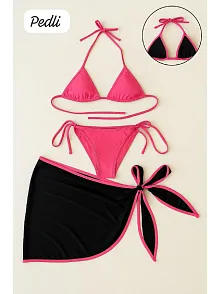 Kadın Fuşya Siyah Pareolu Yandan Ve Boyundan Bağlamalı 3'lü Bikini Takımı