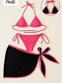 Kadın Fuşya Siyah Pareolu Yandan Ve Boyundan Bağlamalı 3'lü Bikini Takımı