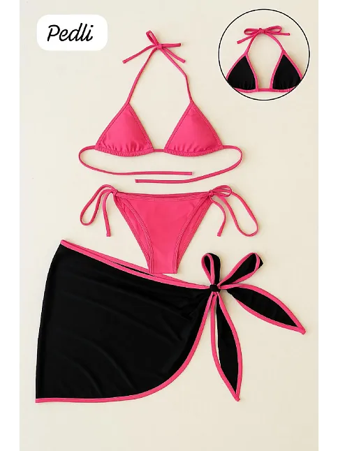 Kadın Fuşya Siyah Pareolu Yandan Ve Boyundan Bağlamalı 3'lü Bikini Takımı