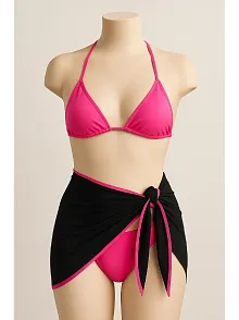 Kadın Fuşya Siyah Pareolu Yandan Ve Boyundan Bağlamalı 3'lü Bikini Takımı