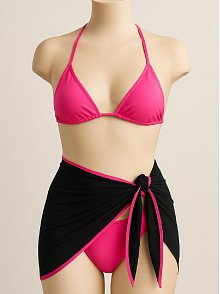 Kadın Fuşya Siyah Pareolu Yandan Ve Boyundan Bağlamalı 3'lü Bikini Takımı