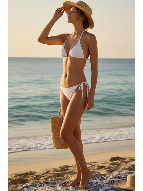 Kadın Beyaz Yandan Bağlamalı Bikini Mayo Takımı