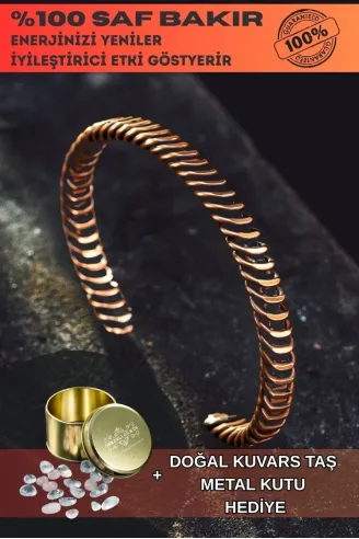 Saf Bakır Bileklik Burgu Örgü Sarım Model Metal Kutu Kuvars Taşlar Kadın Erkek Bilezik