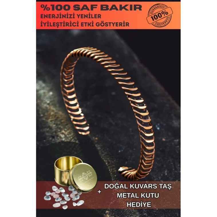 Saf Bakır Bileklik Burgu Örgü Sarım Model Metal Kutu Kuvars Taşlar Kadın Erkek Bilezik