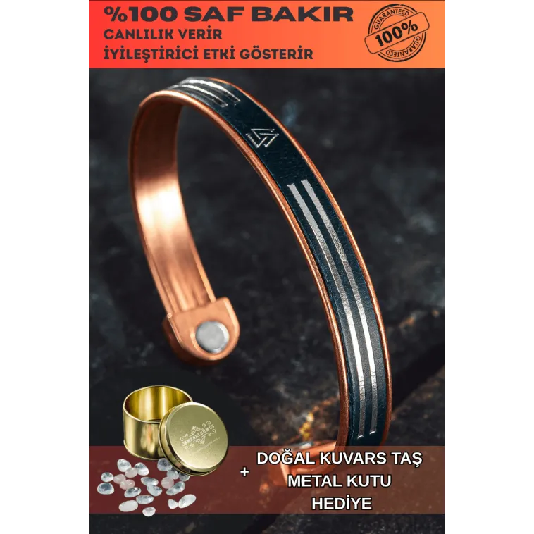 Erkek Kadın Bakır Bileklik - Hakiki Deri Viking İskandinav İşlemeli Mıknatıslı Metal Kutu Kuvars