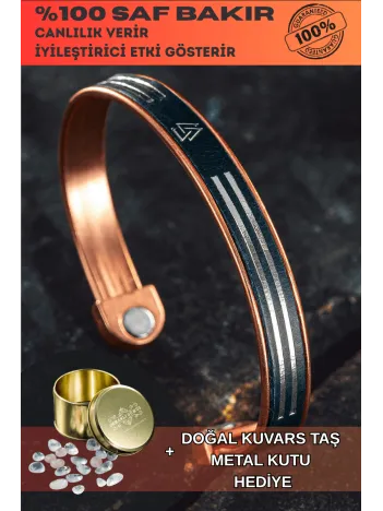Erkek Kadın Bakır Bileklik - Hakiki Deri Viking İskandinav İşlemeli Mıknatıslı Metal Kutu Kuvars