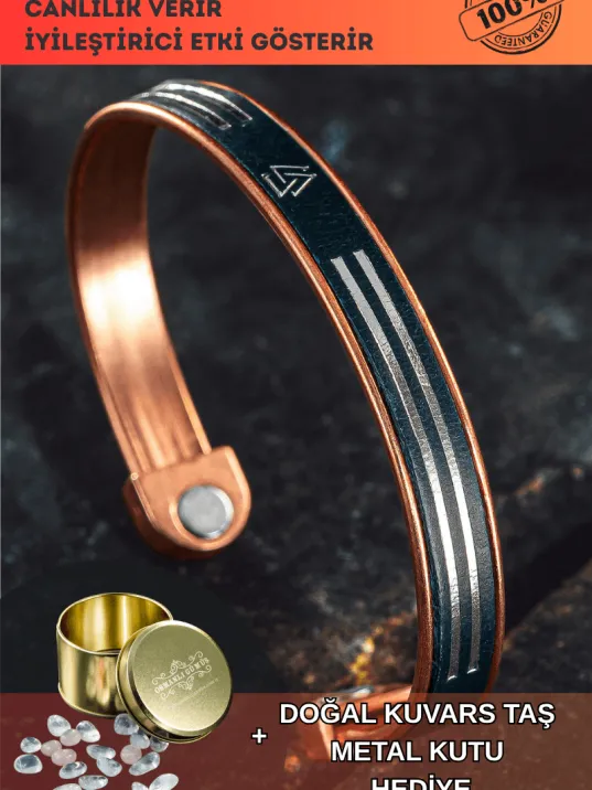 Erkek Kadın Bakır Bileklik - Hakiki Deri Viking İskandinav İşlemeli Mıknatıslı Metal Kutu Kuvars