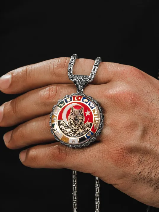 Erkek Gümüş Kolye - 16 Türk Devleti Bayrakları İşlemeli Bozkurt Kral Zincirli Erkek Kolye