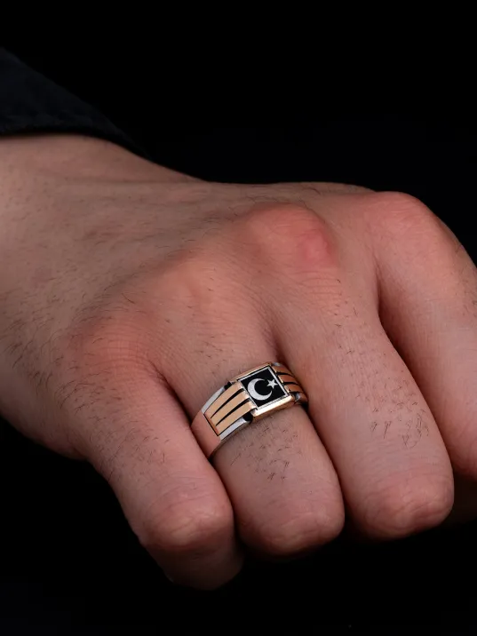 Erkek Gümüş Yüzük - Ay Yıldız Bayrak Model İnce Kibar Erkek Yüzüğü