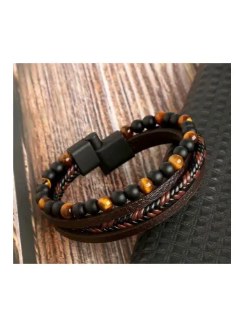 OSMANLI GÜMÜŞ Erkek Bileklik - Erkek Deri Bileklik - Erkek Boncuk Bileklik - Deri Ve Boncuk Kombin Bileklik-Kahverengi