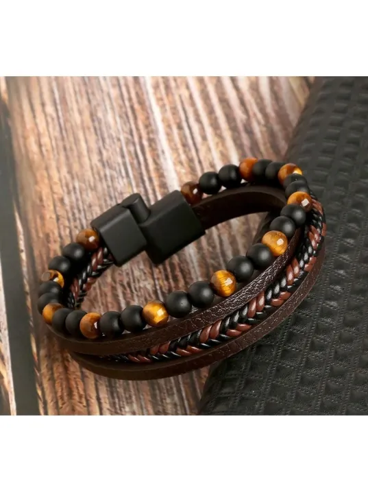 OSMANLI GÜMÜŞ Erkek Bileklik - Erkek Deri Bileklik - Erkek Boncuk Bileklik - Deri Ve Boncuk Kombin Bileklik-Kahverengi