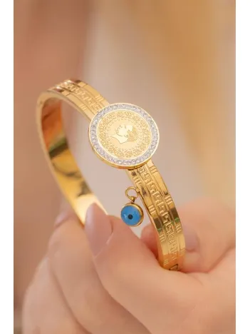 Kadın Bileklik-22 Ayar Gerçek Altın Kaplama(kararmaz) Çelik Kadın Kelepçe-Çeyrek Grek Desenli