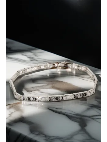 Erkek Gümüş Bileklik - Grek Desenli İnce Kibar Model Parlak Bileklik