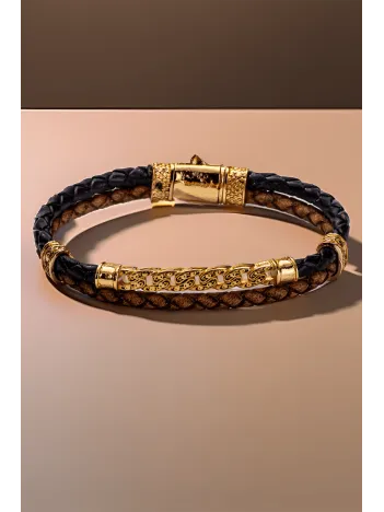 Altın Zincir Motifli Kahverengi Siyah Deri Erkek Bileklik